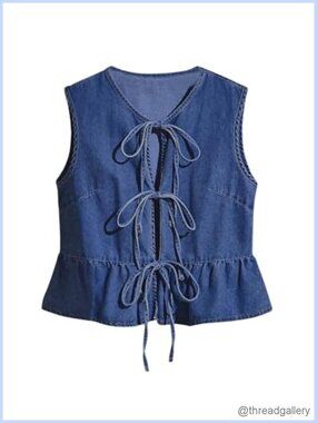 Tie Front Denim Vest Sleeveless Peplum Top Jean Waistcoat